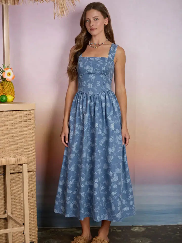 Floral Jacquard Corset Denim Midi Dress – Finery Marketplace