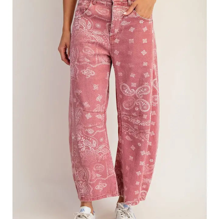 Mineral Washed Paisley Printed Barrel Jeans