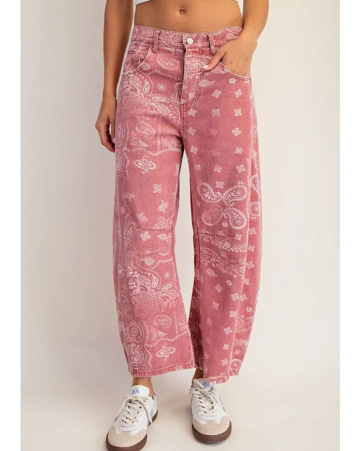 Mineral Washed Paisley Printed Barrel Jeans