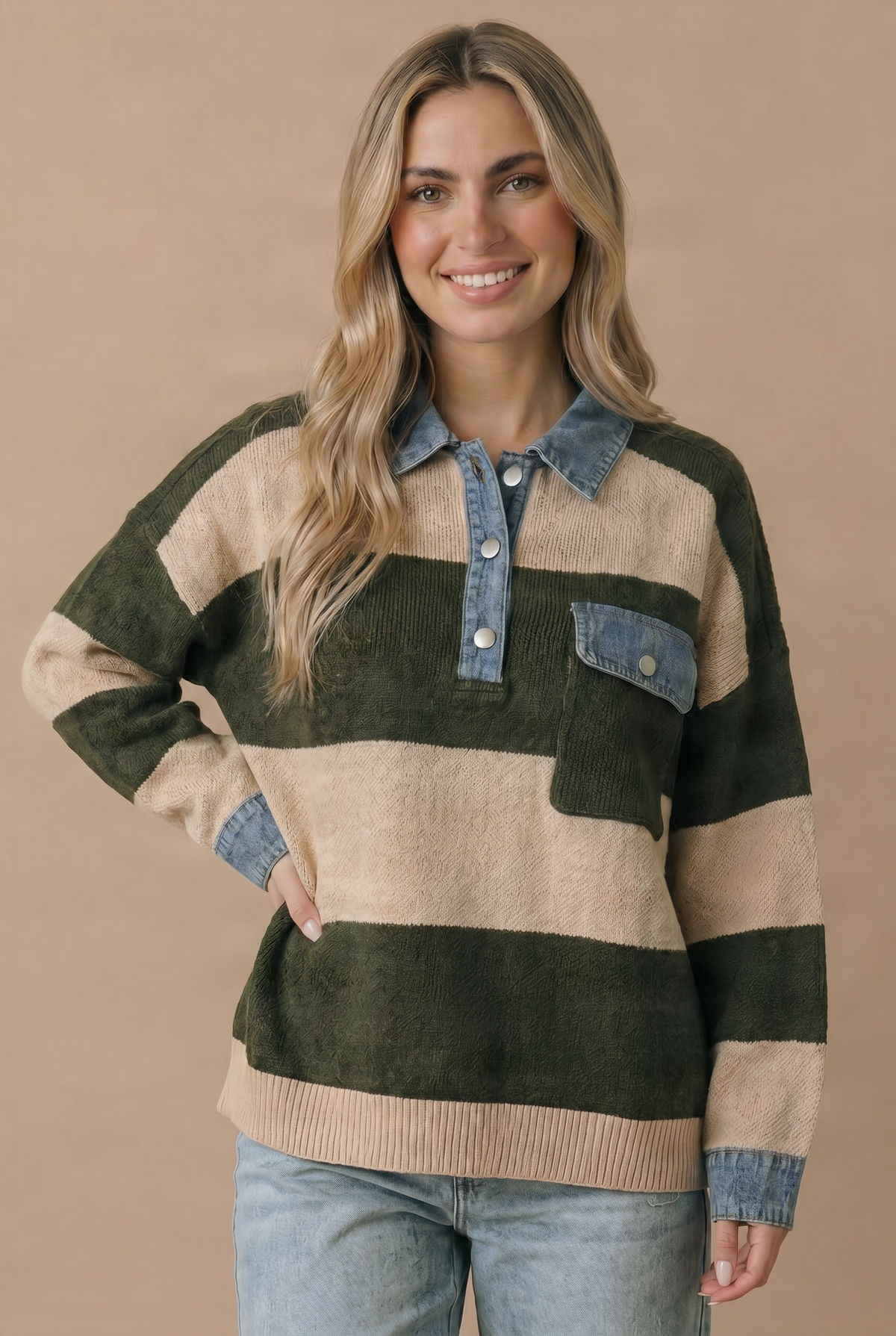 Stripe & Denim Contrast Oversized Knit Polo Sweater