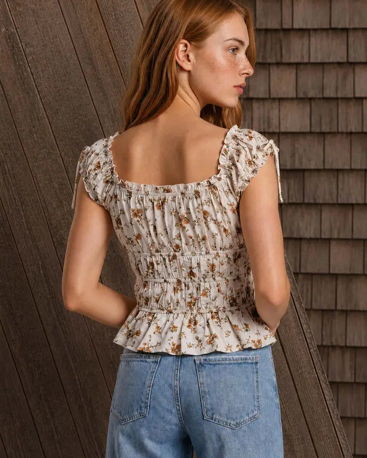 Floral Front Tie Shirred Waist Ruffled Top