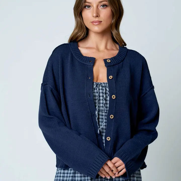 Raw Edge Exposed Seam Button Down Knit Cardigan