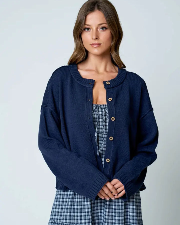 Raw Edge Exposed Seam Button Down Knit Cardigan