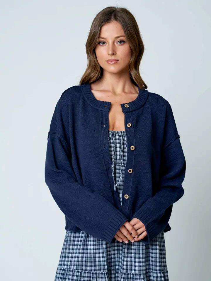 Raw Edge Exposed Seam Button Down Knit Cardigan