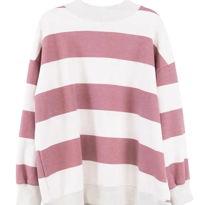 Wine and White Striped Mockneck Pullover
