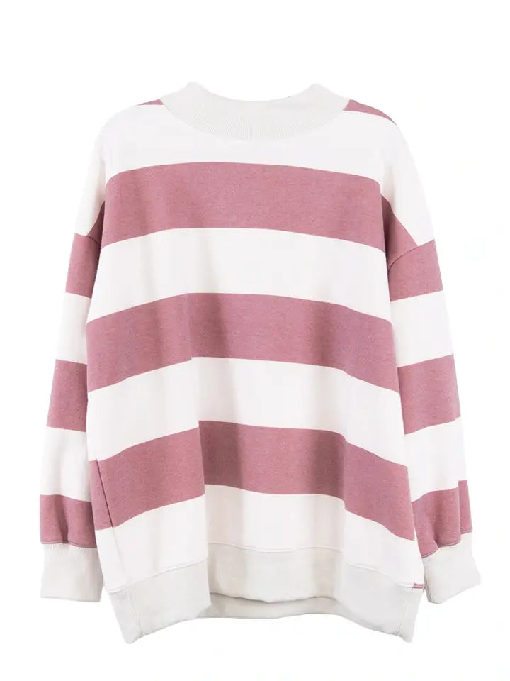 Wine and White Striped Mockneck Pullover