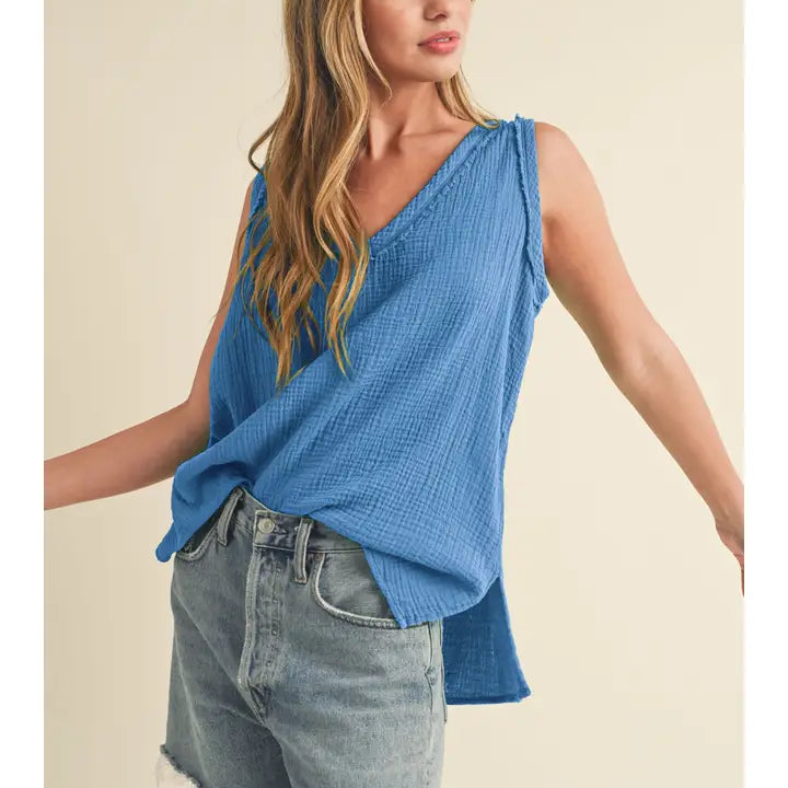 Nasia Raw Edge Cotton Gauze V-Neck Tank
