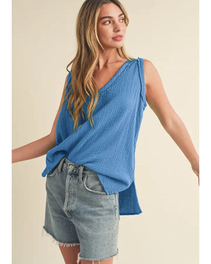 Nasia Raw Edge Cotton Gauze V-Neck Tank