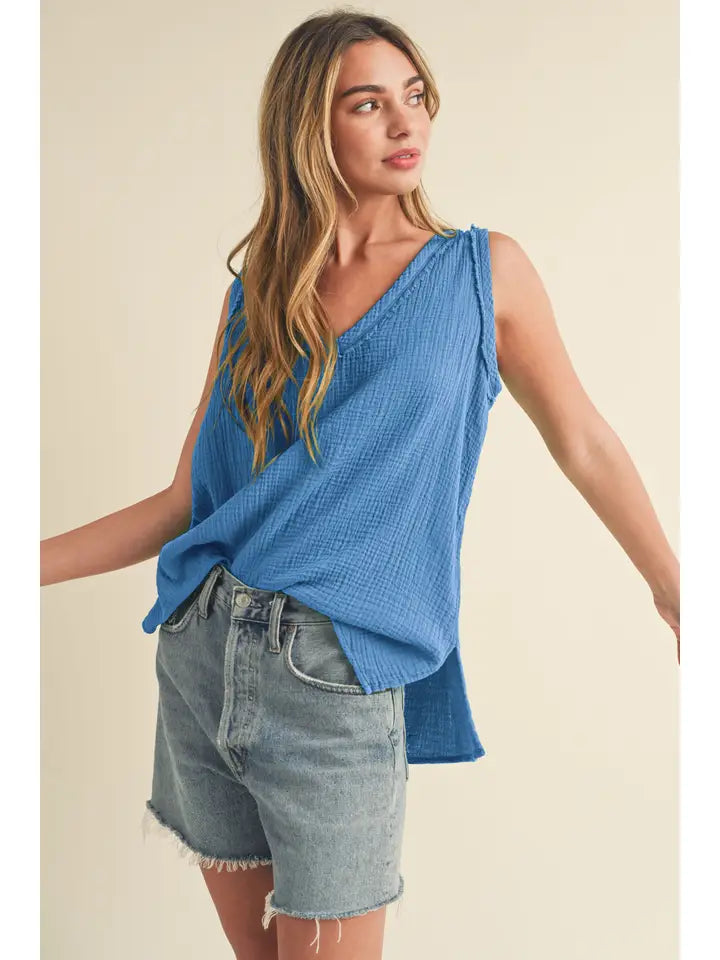 Nasia Raw Edge Cotton Gauze V-Neck Tank