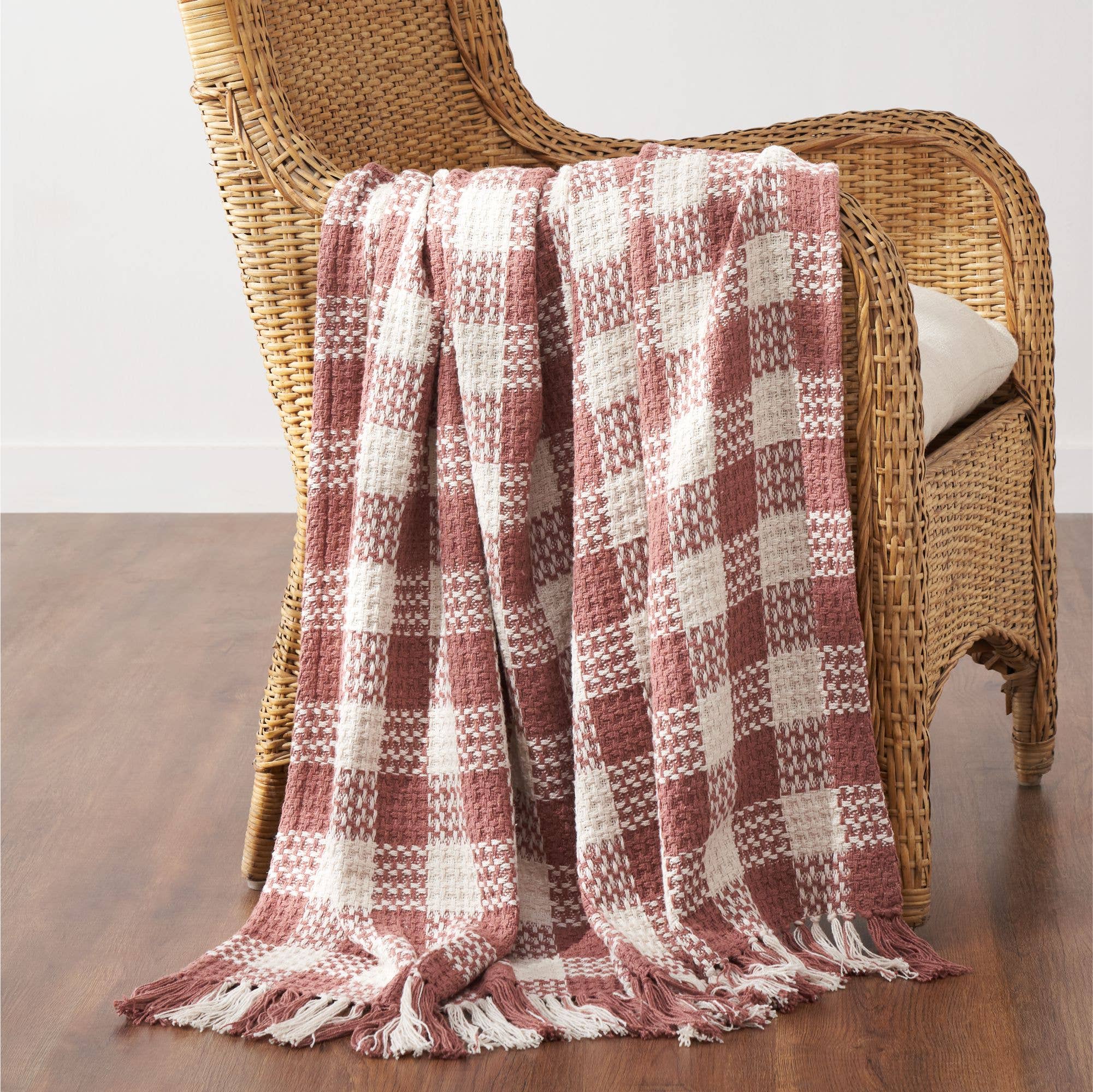 Dusty Rose Heritage Check Throw Blanket with Fringe 50x60