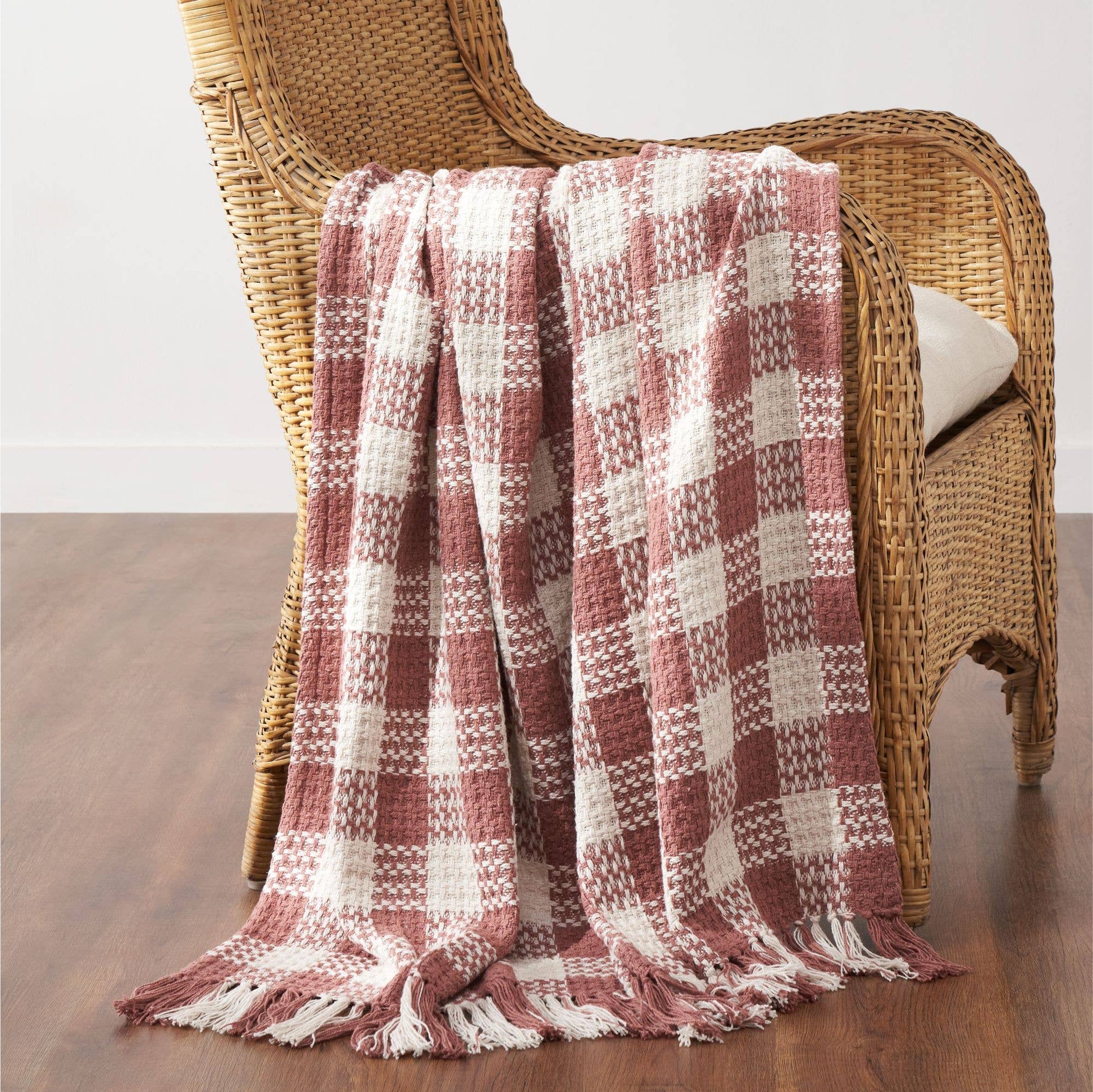 Dusty Rose Heritage Check Throw Blanket with Fringe 50x60