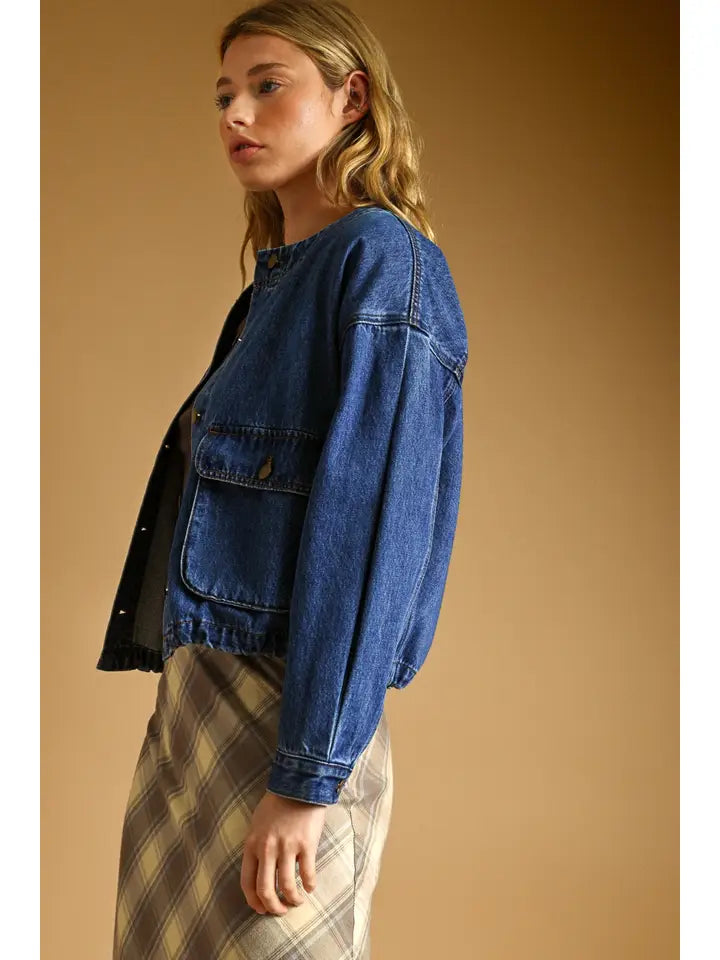 Miou Muse Boxy Round Neck Cropped Denim Jacket