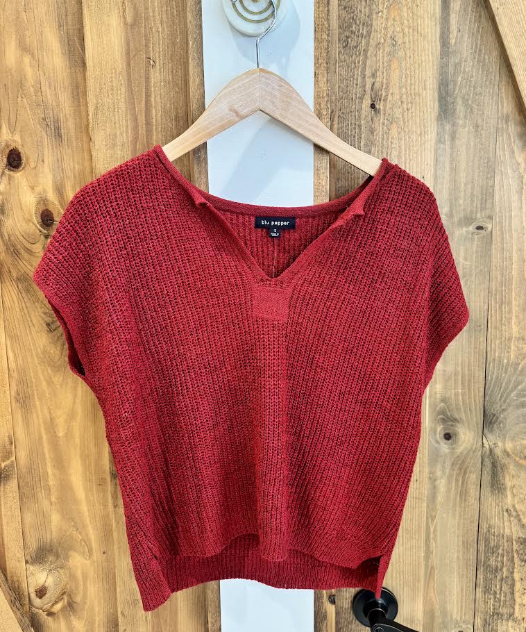 Blu Pepper Split Neck Short Sleeve Knit Pullover