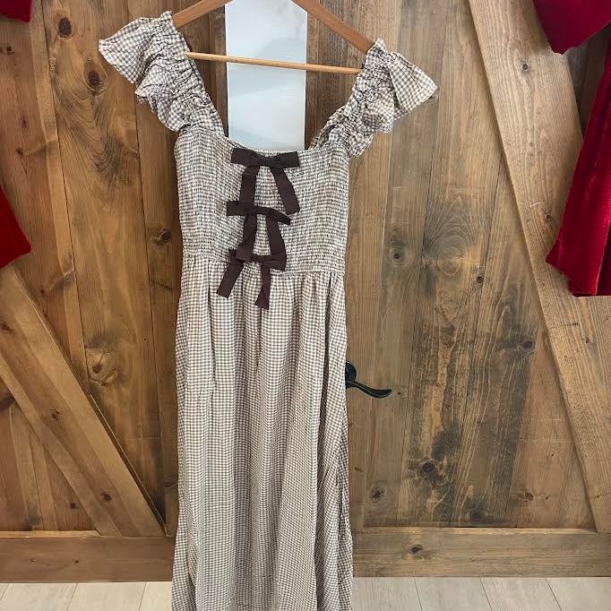 Blu Pepper Gingham Front Bow Detail Midi Dress