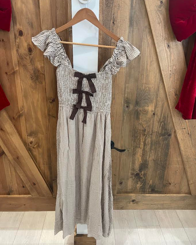 Blu Pepper Gingham Front Bow Detail Midi Dress