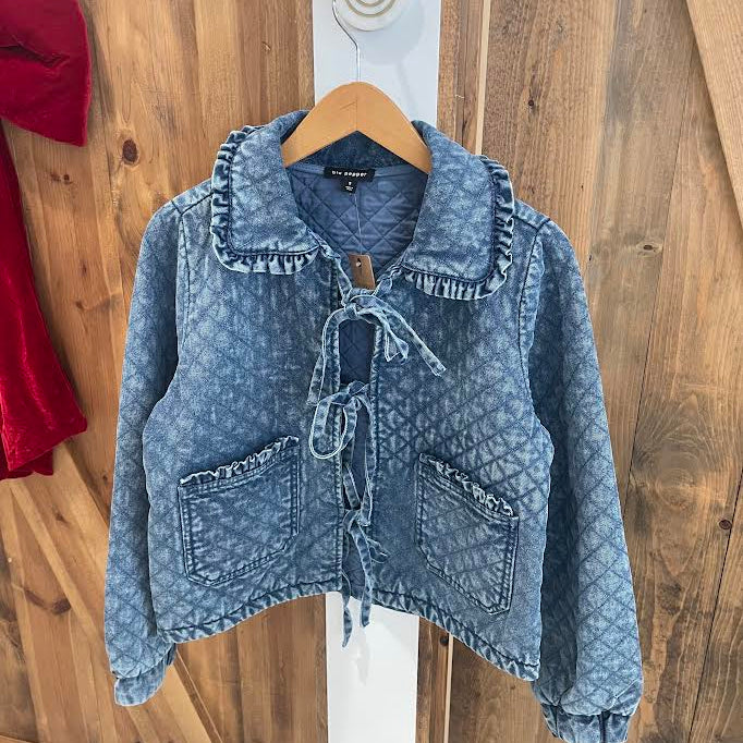 Blu Pepper Denim Quilted Front Tie Jacket