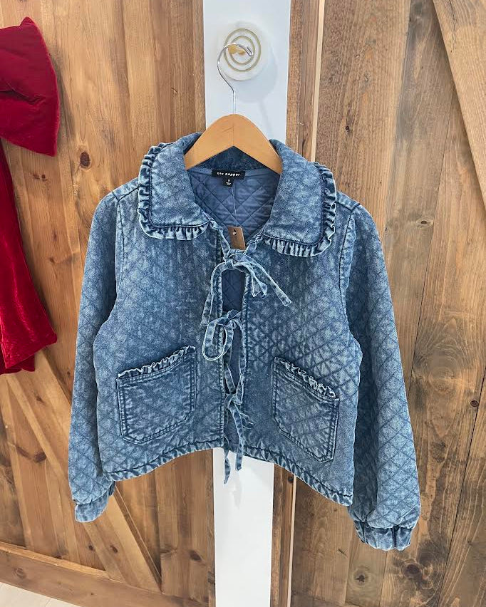 Blu Pepper Denim Quilted Front Tie Jacket