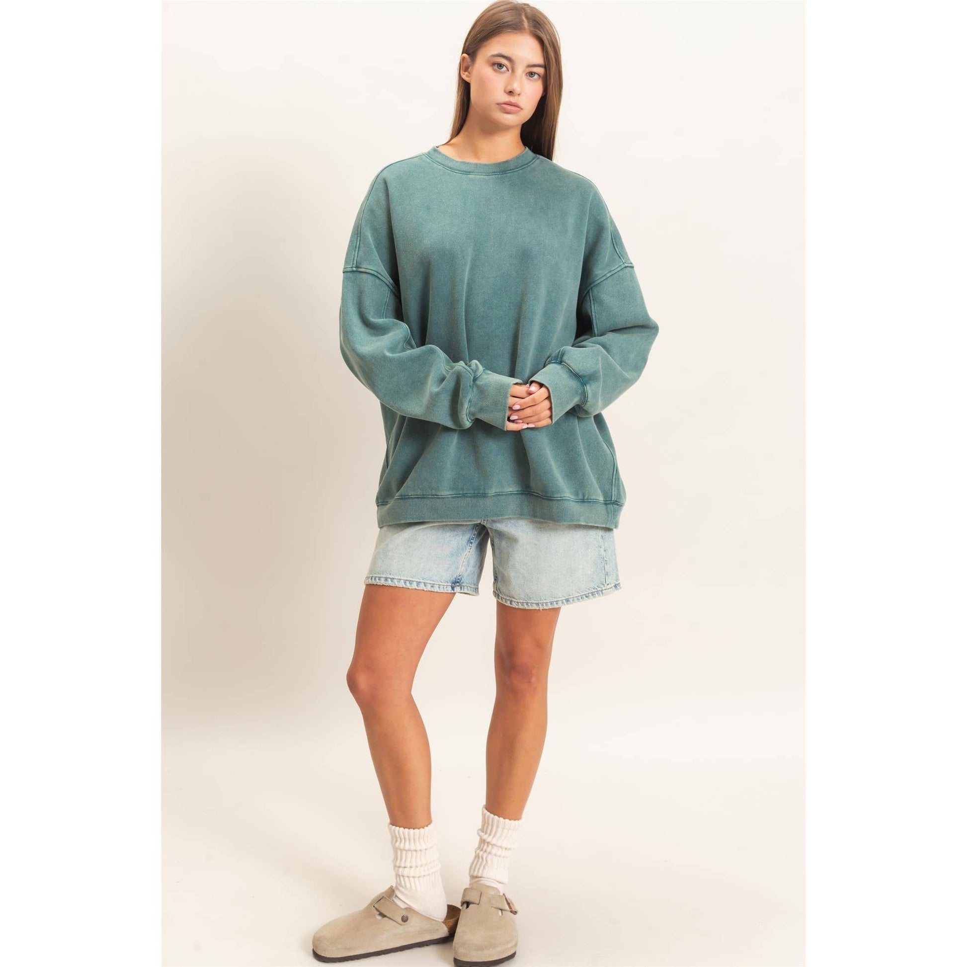 Acid Wash Crew Neck Long Sleeve Sweatshirt