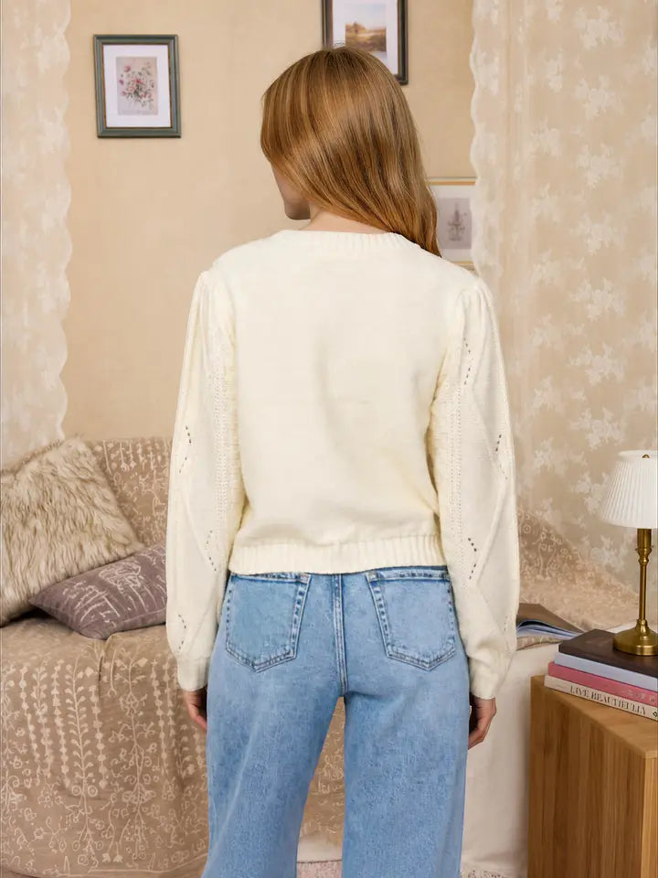 Vintage Floral Embroidered Contrast Stitch Cable Knit Cardigan