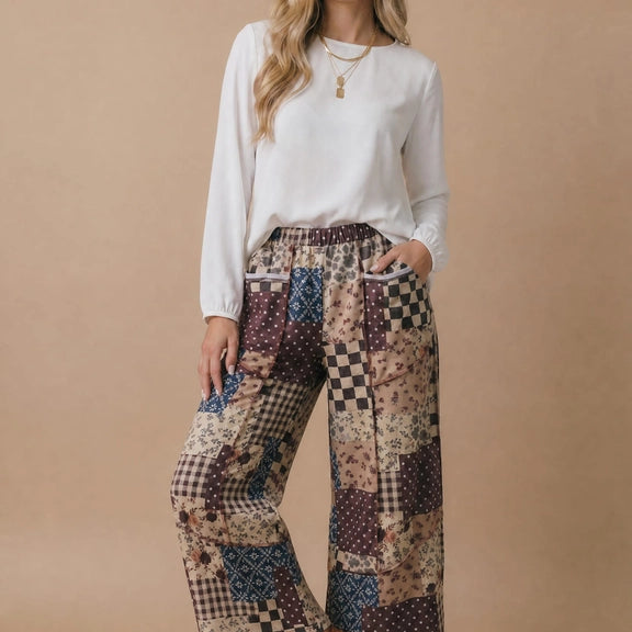 Retro Patchwork Floral Wide Leg French Terry Pants