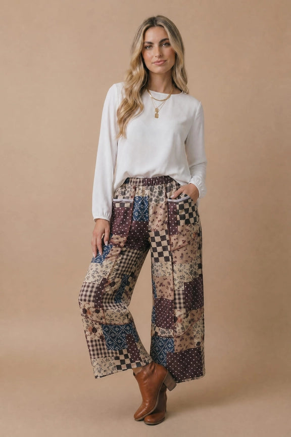 Retro Patchwork Floral Wide Leg French Terry Pants