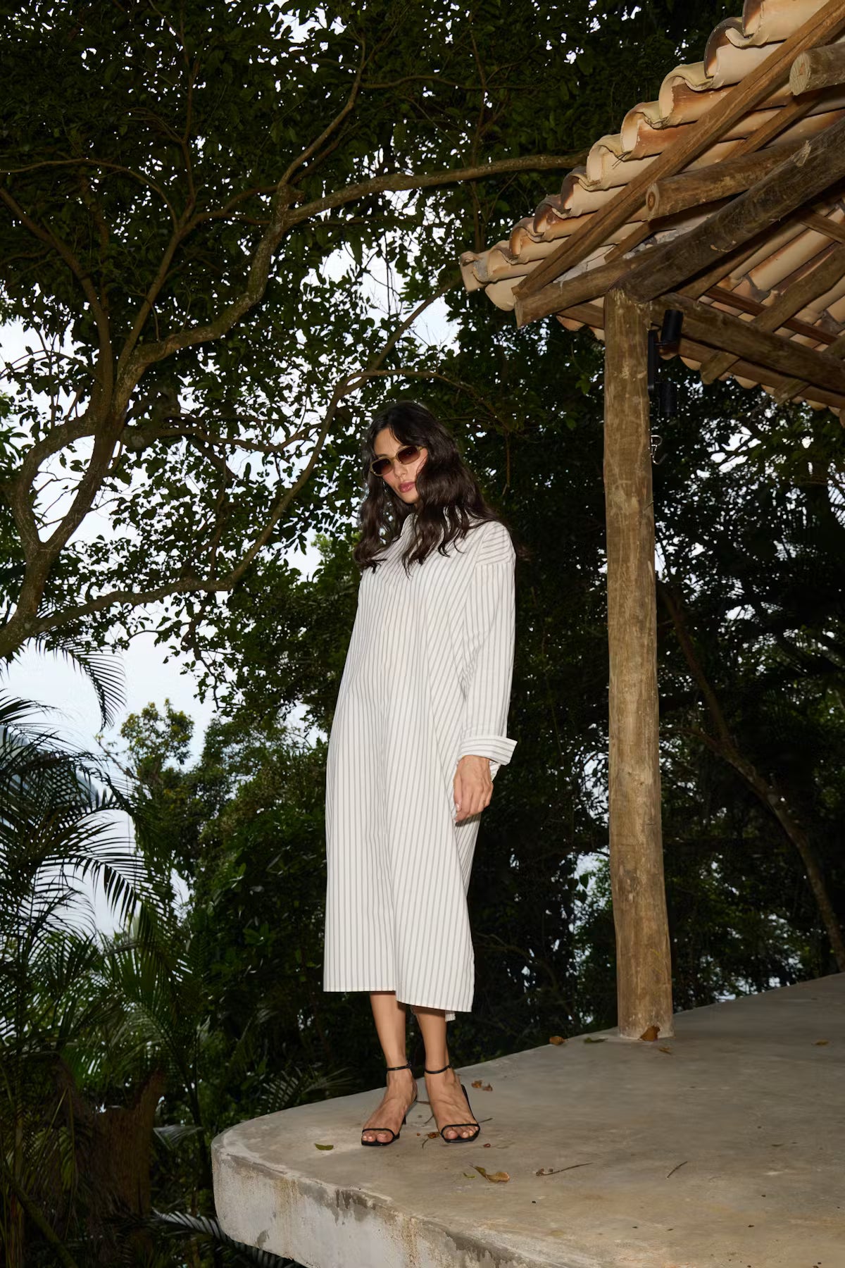 IHJULE Minimalist Striped Midi Shirt Dress