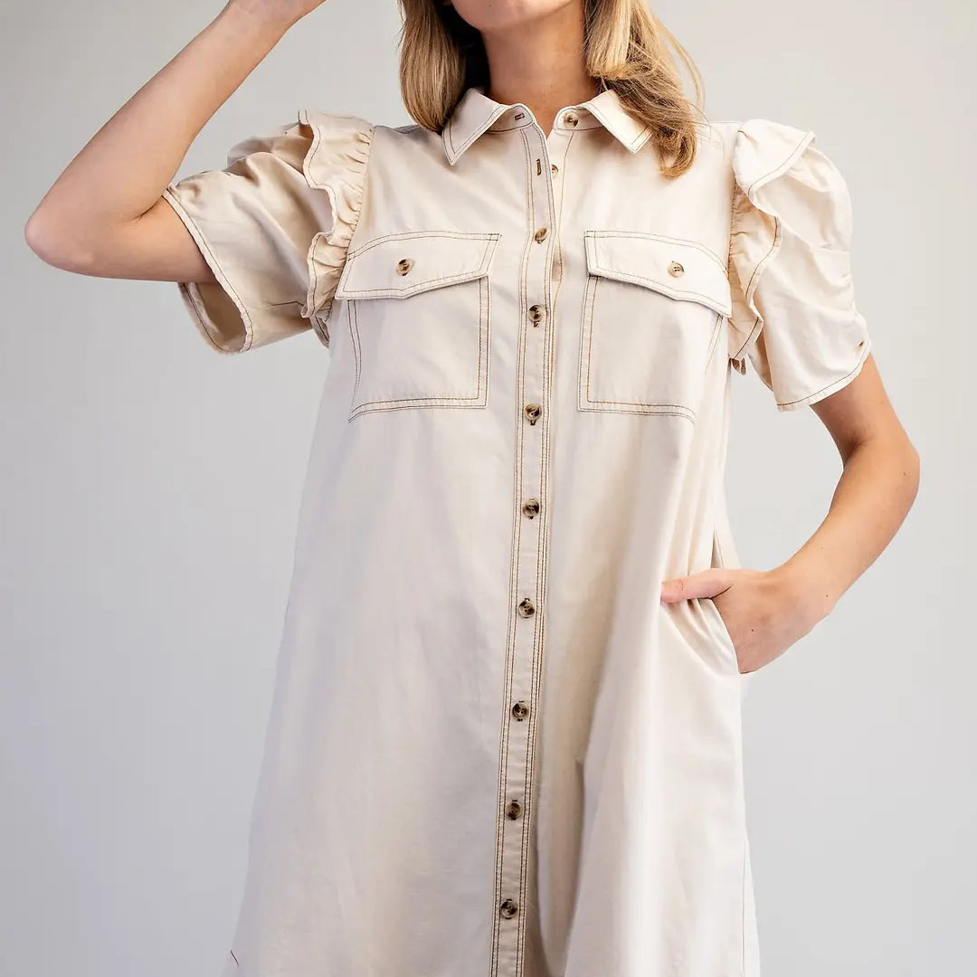 Mineral Washed Ruch Sleeve Mini Dress