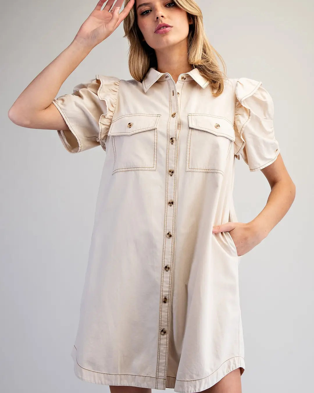 Mineral Washed Ruch Sleeve Mini Dress