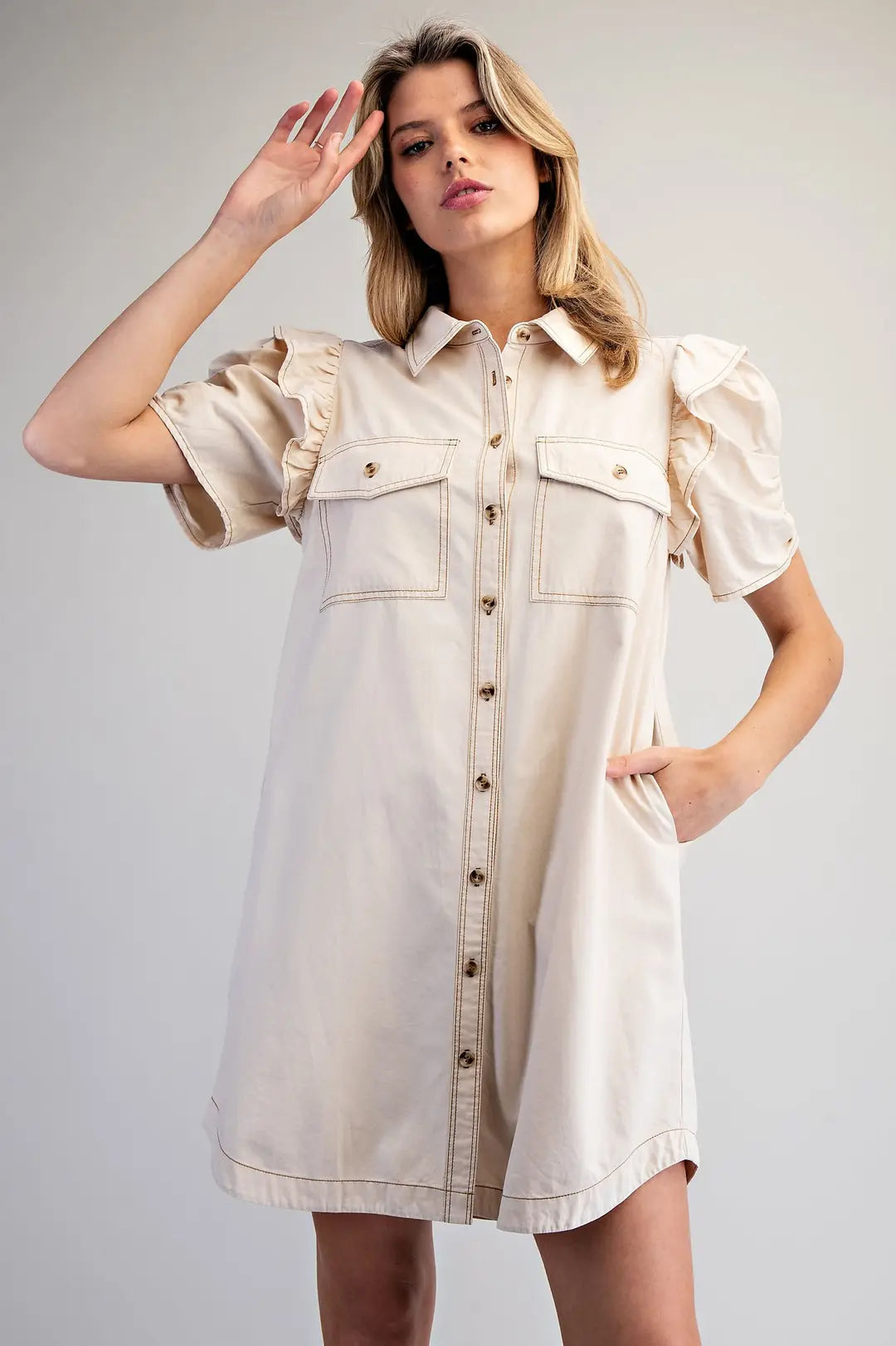 Mineral Washed Ruch Sleeve Mini Dress