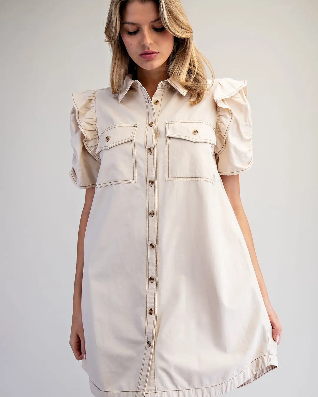 Mineral Washed Ruch Sleeve Mini Dress