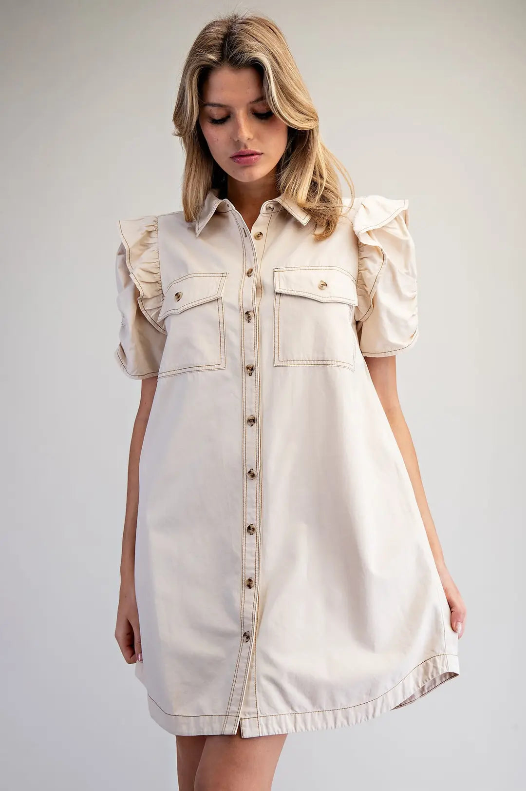 Mineral Washed Ruch Sleeve Mini Dress