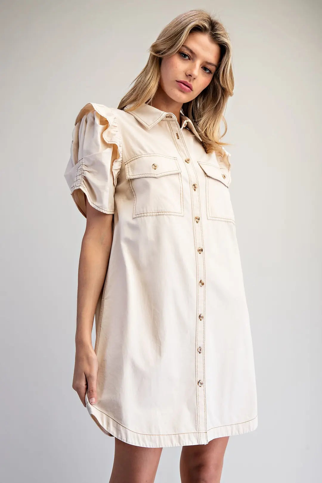 Mineral Washed Ruch Sleeve Mini Dress