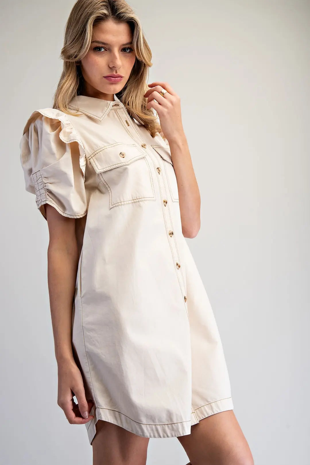 Mineral Washed Ruch Sleeve Mini Dress
