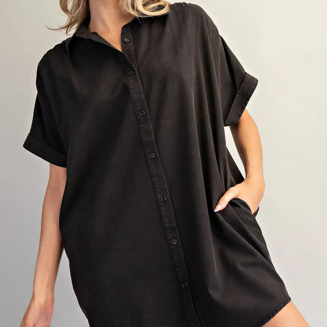 Mineral Washed Button Down Mini Shirt Dress