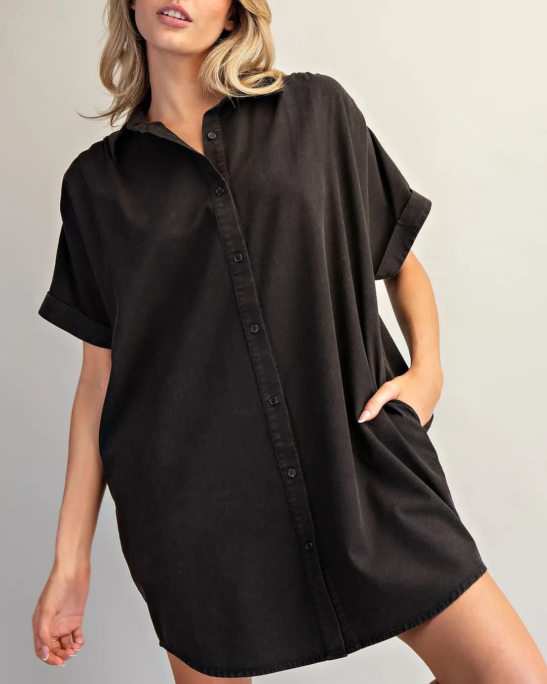 Mineral Washed Button Down Mini Shirt Dress