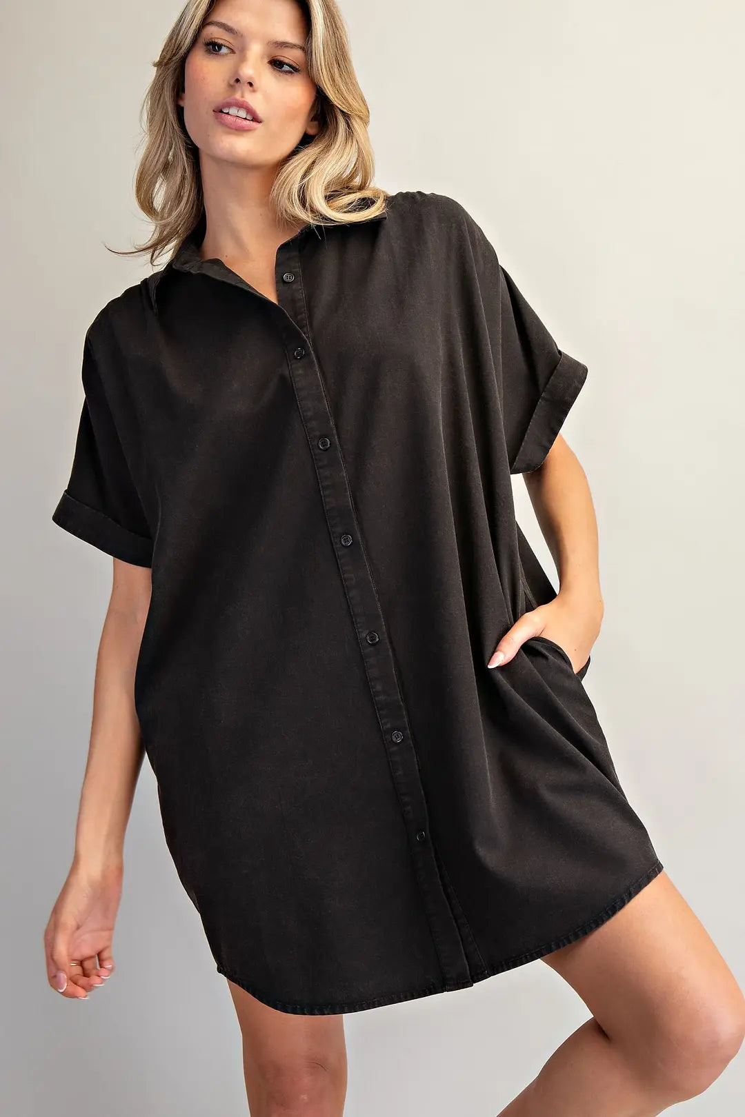 Mineral Washed Button Down Mini Shirt Dress