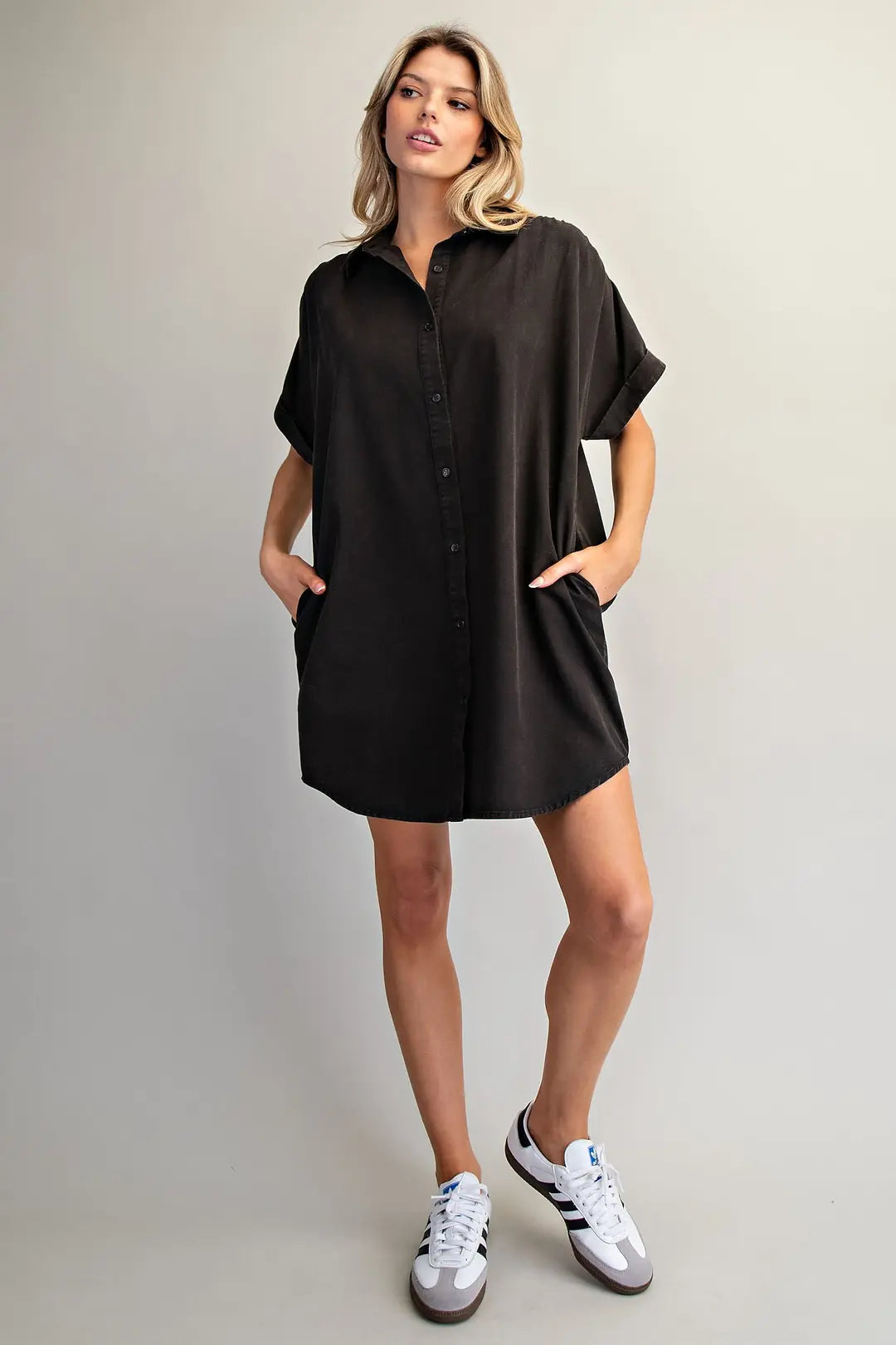 Mineral Washed Button Down Mini Shirt Dress