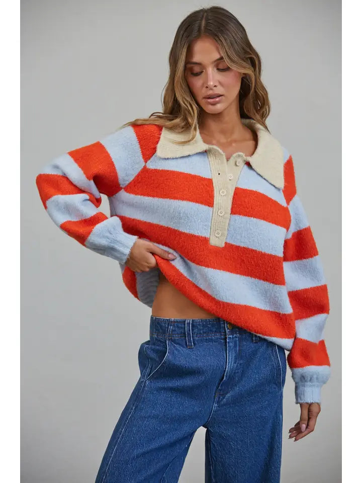 Royce Striped Polo Color Block Henley Sweater