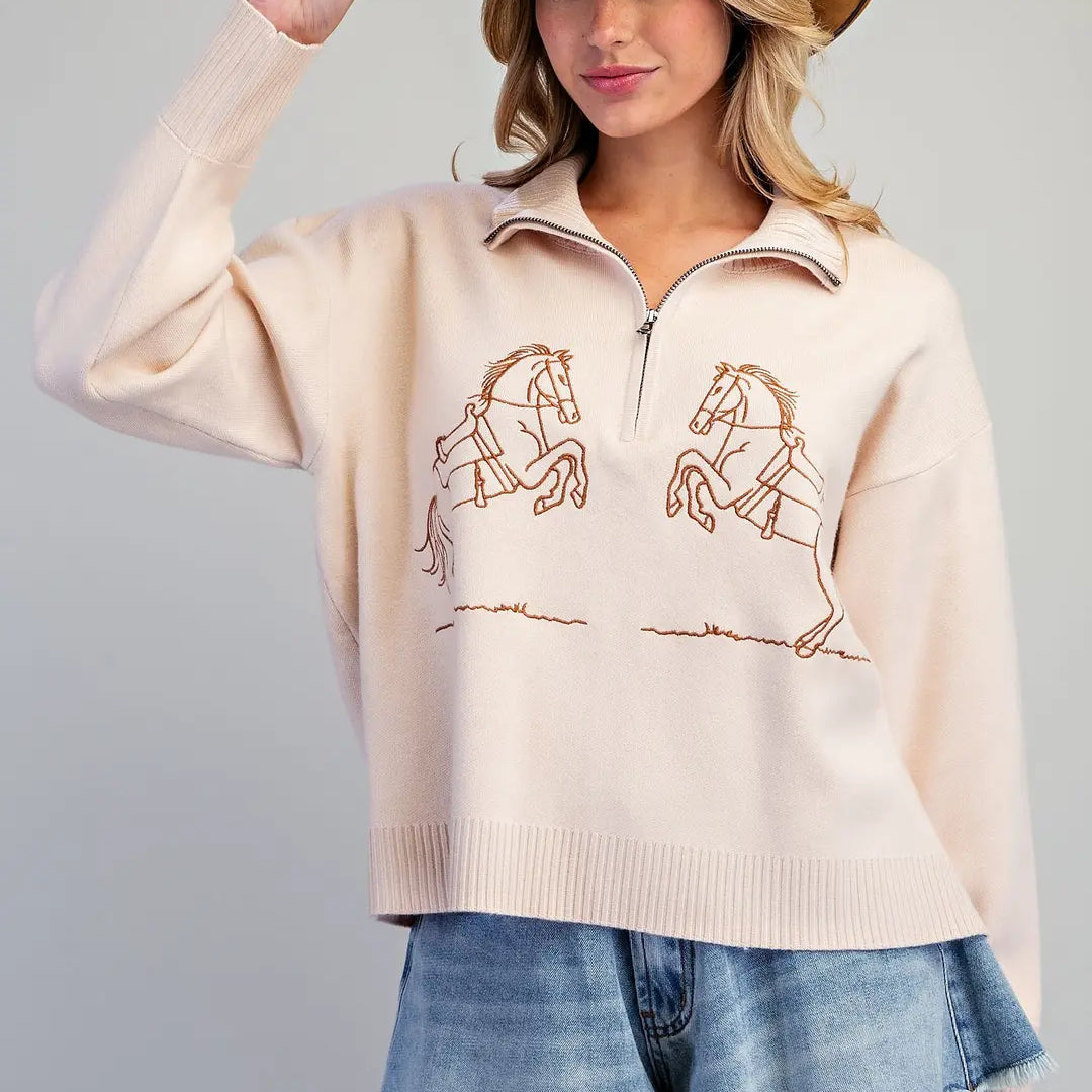 Wild West Embroidered Horse Half-Zip Sweater