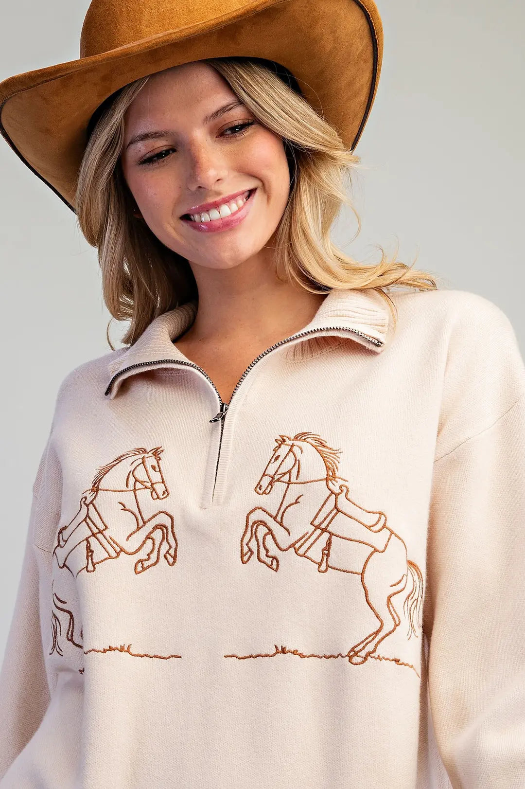 Wild West Embroidered Horse Half-Zip Sweater