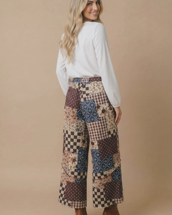 Retro Patchwork Floral Wide Leg French Terry Pants