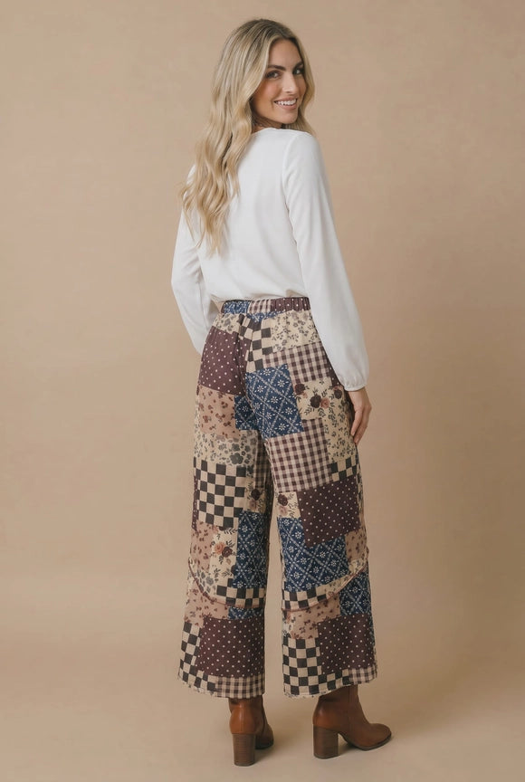 Retro Patchwork Floral Wide Leg French Terry Pants