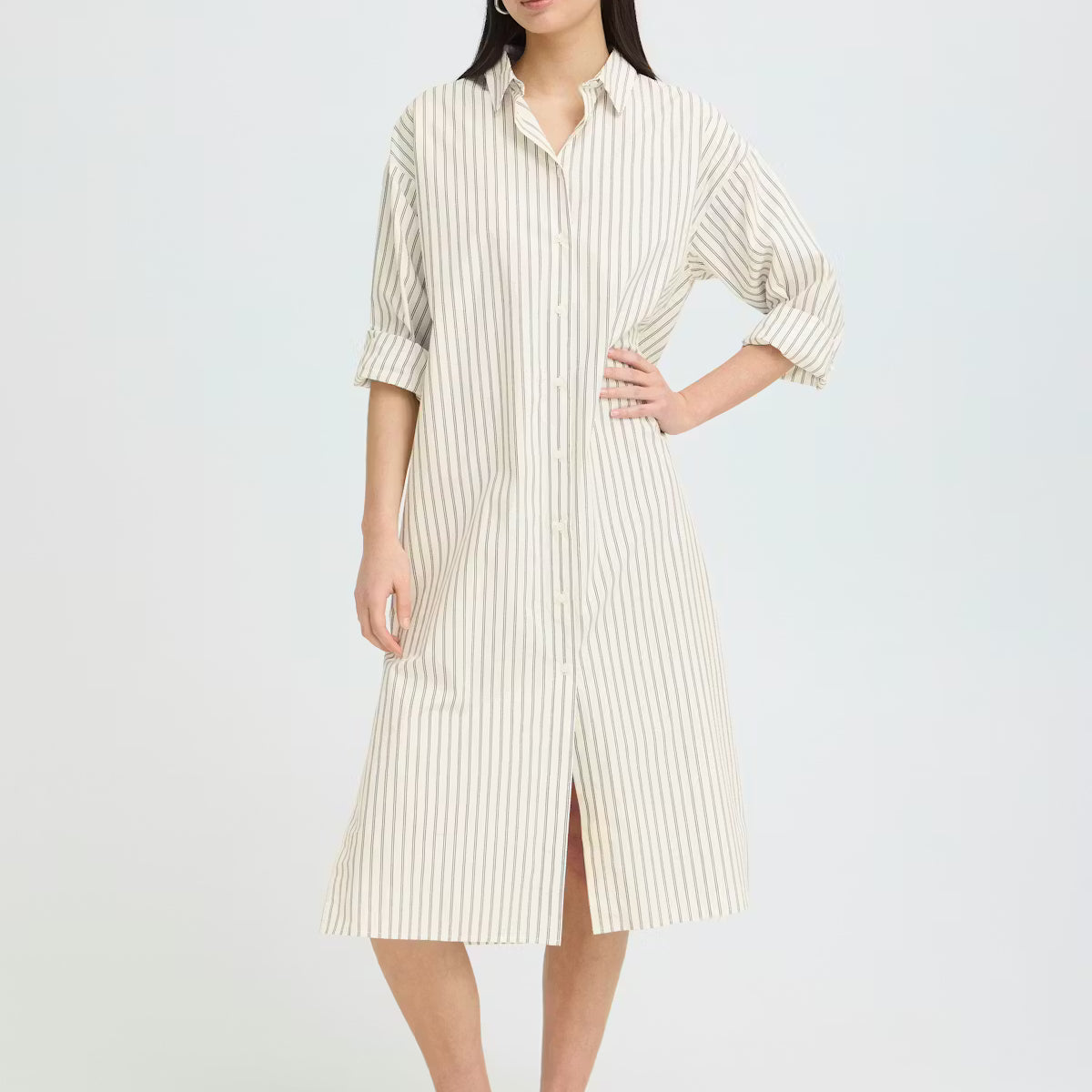 IHJULE Minimalist Striped Midi Shirt Dress