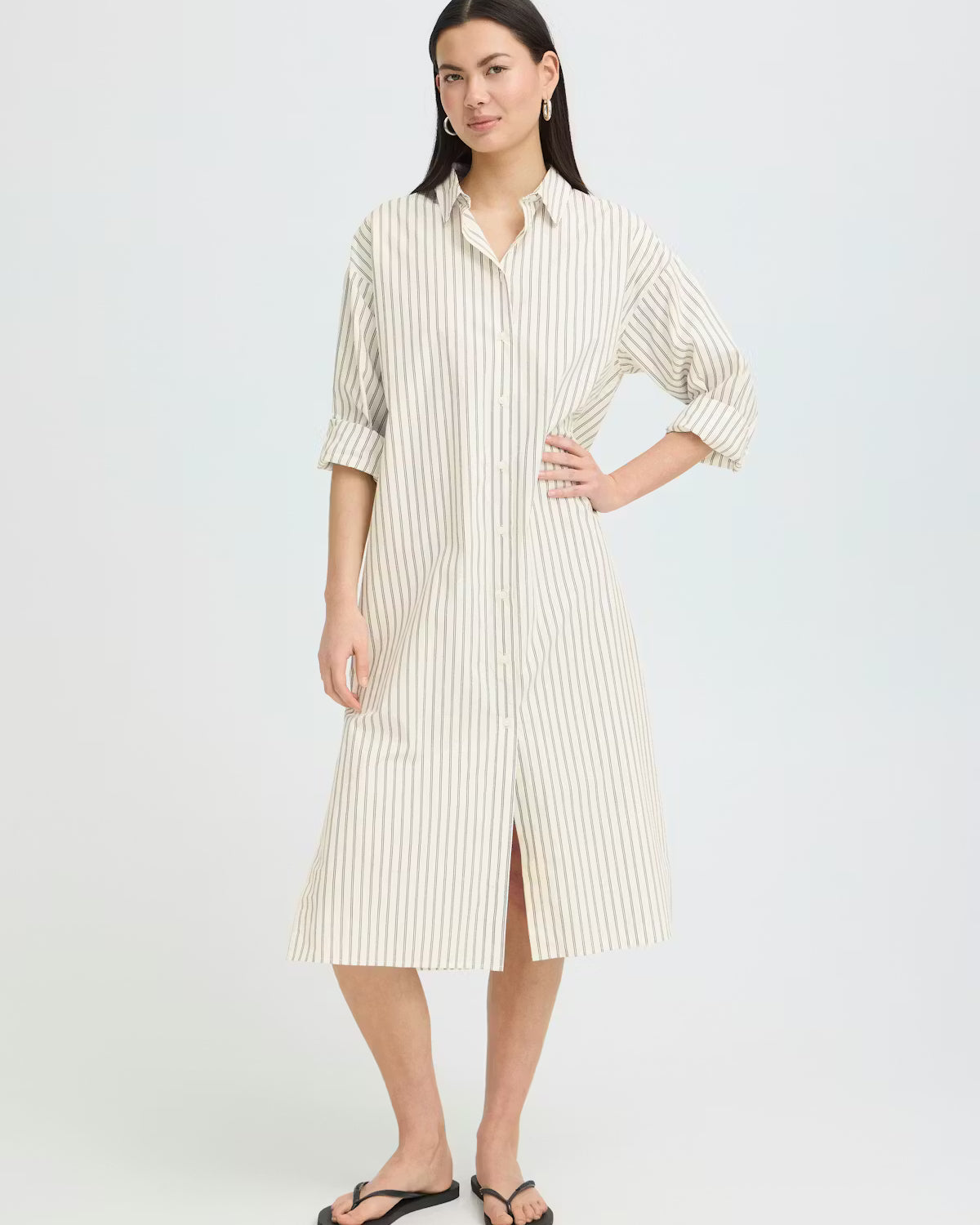 IHJULE Minimalist Striped Midi Shirt Dress