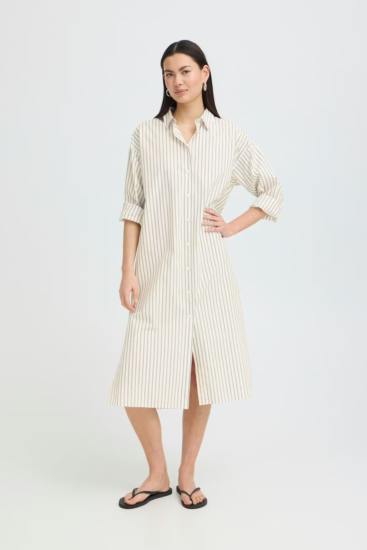 IHJULE Minimalist Striped Midi Shirt Dress
