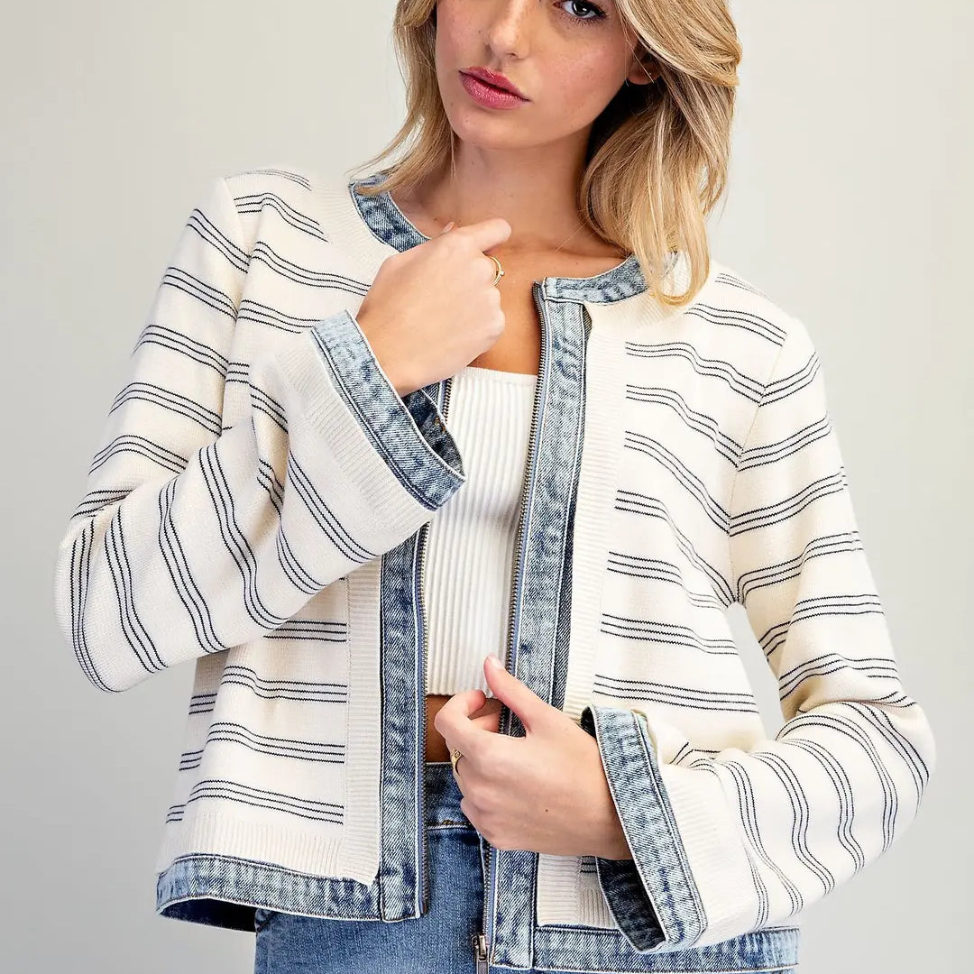 Marina Striped Knit Zip-Up Jacket with Denim Trim