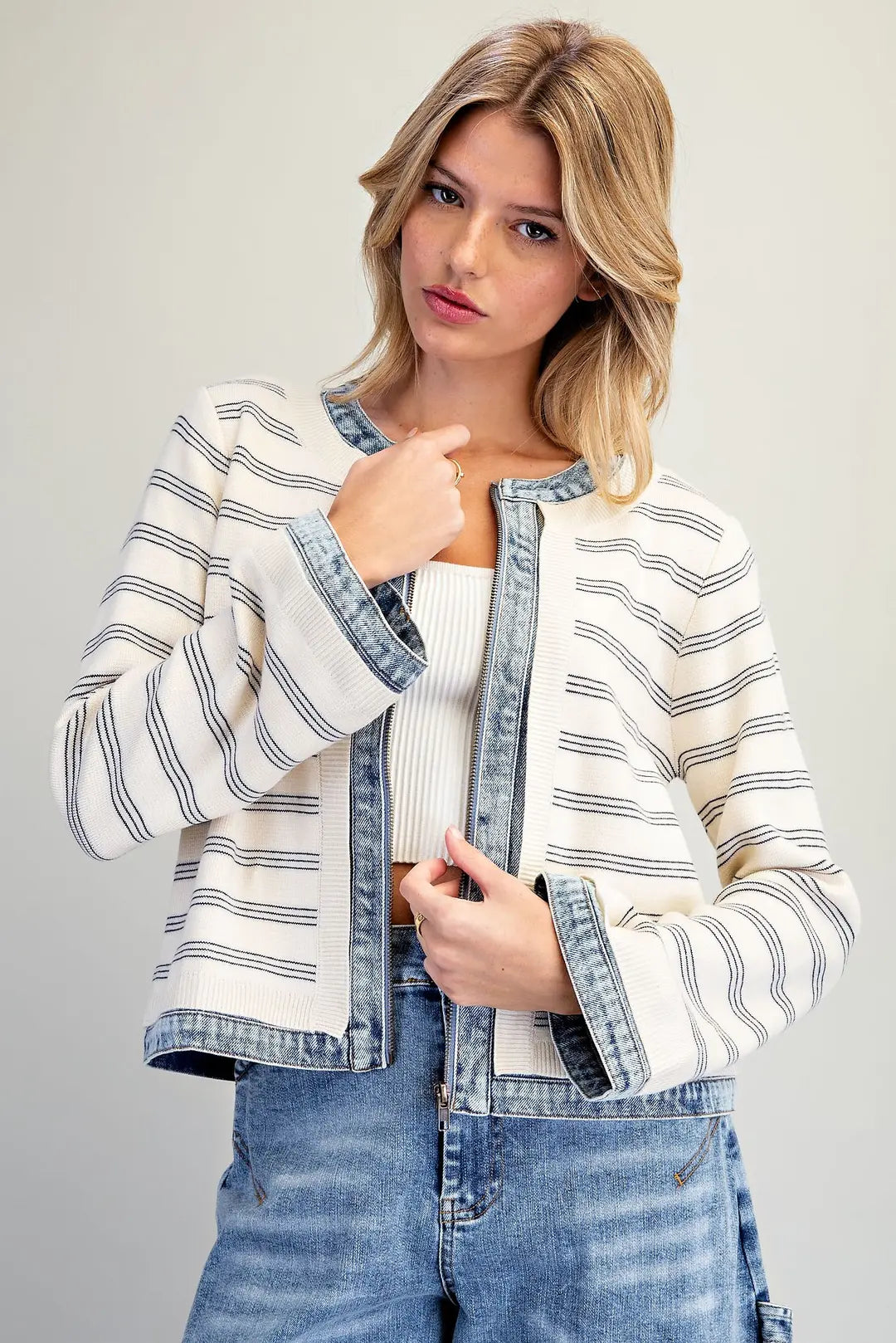Marina Striped Knit Zip-Up Jacket with Denim Trim