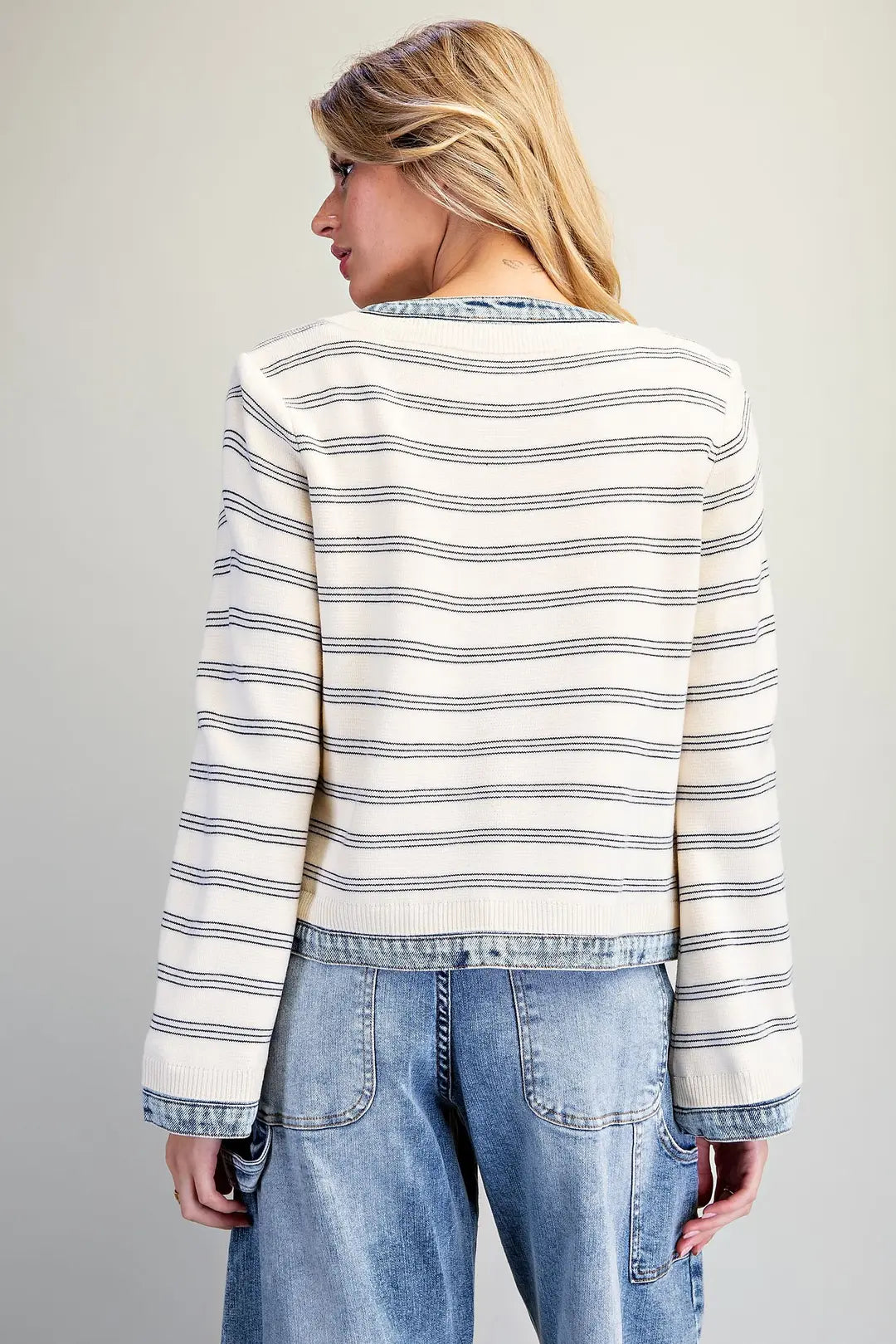 Marina Striped Knit Zip-Up Jacket with Denim Trim