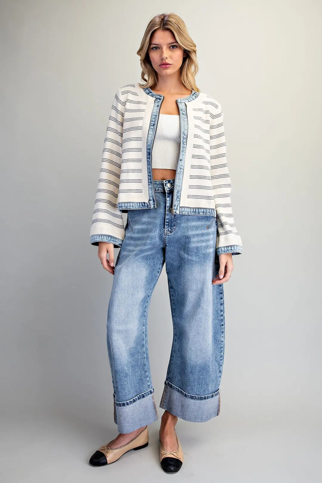 Marina Striped Knit Zip-Up Jacket with Denim Trim