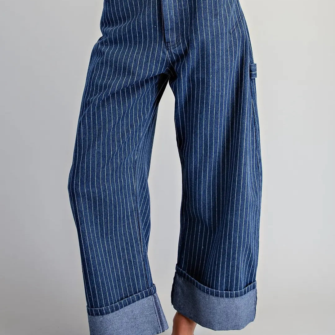 High-Waisted Pinstripe Barrel Leg Utility Denim Pants
